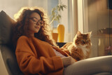 Fototapeta  - Jeune femme aux cheveux bouclés se reposant dans son fauteuil à côté de son chat, intérieur cosy et moderne