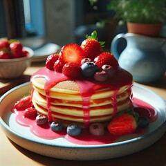 Poster - Delicious strawberry pancake with light exposure AI Generative