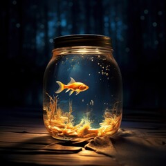 Goldfish on a aquarium with clear water on a dark background poster illustration