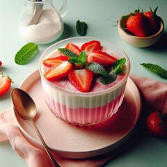 Poster - Delicious Strawberry pudding with mint leaves AI Generative