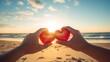 Hand holding a shape heart from the lover with sunlight background at the sea. Love on Valentine 's day or wedding. It expresses your love and care for your someone special to you. Generative Ai