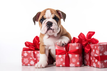 Cute English bulldog puppy with gifts on a white background.