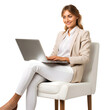 Business woman sitting on a chair with laptop isolated on transparent background Generative AI	