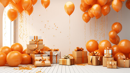 Extravagant party setting with upscale balloons, abundant confetti, and stylish gift boxes against a captivating orange canvas, providing an elegant template for your celebration messages