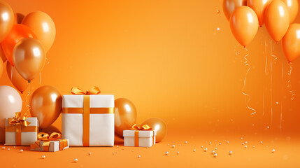 Wall Mural - A glamorous affair featuring luxury party balloons, a cascade of confetti, and chic gift boxes on a vibrant orange background, presenting an exquisite template for your celebratory messages