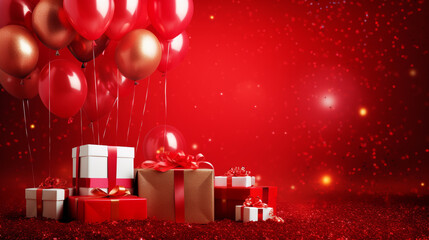 Wall Mural - Luxurious party atmosphere with high-end balloons, a burst of confetti, and stylish gift boxes on a dynamic red background, providing a perfect template for your celebratory messages