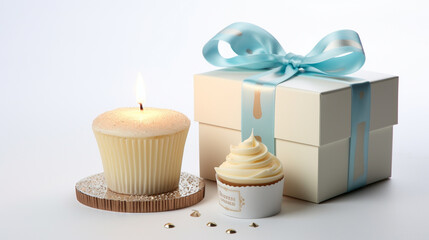 Wall Mural - Tempting birthday cupcake featuring a flickering candle and a beautifully presented gift box, ready for a momentous celebration