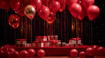 Wall Mural - Celebration in grandeur with opulent party balloons, confetti raining down, and upscale gift boxes against a vibrant red backdrop, setting the stage for your personalized messages