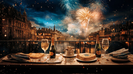 New Years celebration with fireworks and champagne glasses at night comeliness