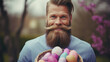 © tashechka - Portrait of a man with a long beard and mustache holding a basket full of Easter eggs.