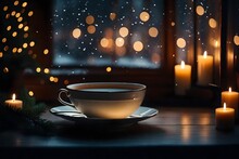 A Cozy Scene Featuring A Mug Of  Peppermint Tea On A Knitted Blanket, With A Dusting Of Snow Outside The Window