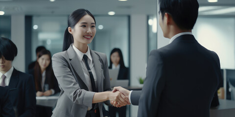 Wall Mural - Happy smiling Asian businesswoman shaking hands in office