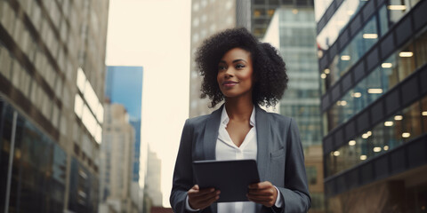 Wall Mural - Portrait of a smiling african american businesswoman holding tablet computer standing on the outdoor street front of business office building