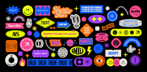 colorful trendy sticker pack. naive playful label shape set. retro patch cartoon collection. catchph