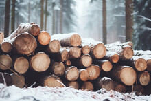 Snow Dusted Log Pile In Winter Forest
