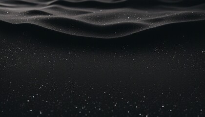 Abstract 3d rendering of black surface with waves. Dark background with glittering particles.