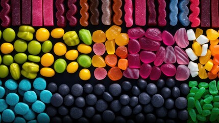 Wall Mural - gummies assortment candy food illustration jellybeans licorice, caramels toffees, bonbons truffles gummies assortment candy food