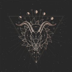 Wall Mural - vector illustration with hand drawn goat skull and sacred geometric symbol on black vintage backgrou