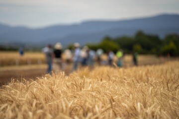 Wall Mural - farmer inspection a crop in a field on a farm. wheat crop head going to seed ready for harvest. barley plants growing. farming community together in for a growers field day talking to agronomist