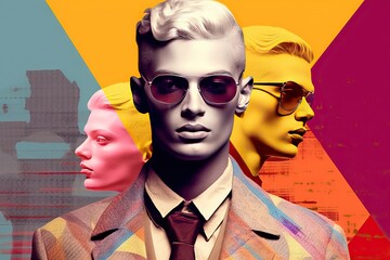  design fashion Modern colors bright Vivid style collage art Pop man handsome young portrait vintage retro Abstract composition colours ai optimistic background pastel hallucinogen male layout