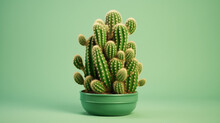 Cactus In A Green Pot Isolated On Green Background 