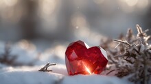 Red Crystal Heart In Snow, Bokeh Background, Illuminated By The Sun