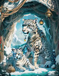 painting of two snow leopards in a snowy cave with a lantern