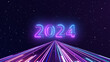 Neon 2024 Happy new year of Traveling through star fields colorful light glowing. Space Nebula moving stars space nebula (Video galaxy). neon lines glowing speed trails. slide up and fade way center