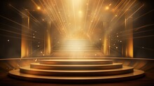 Podium With Golden Light Lamps Background. Golden Light Award Stage With Rays And Sparks. Gold Lights Rays Scene Background. Copy Space For Text.