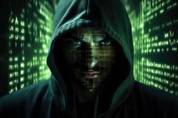 Aufkleber - Mysterious face of anonymous hacker with Computer bug on it veiled in mesmerizing array of luminous green program code. Generative AI.