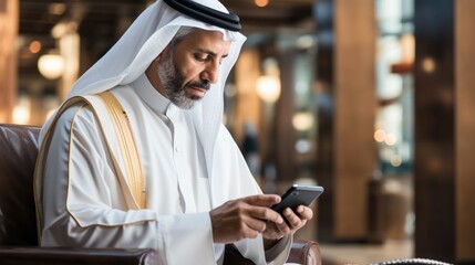 arabic mature man texting message in his phone