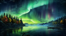 A Beautiful Aurora Bore Over A Lake With A Forest In Night 