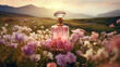 A bottle of perfume sitting on top of a field of flowers