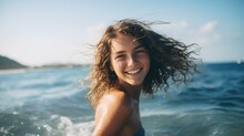 A Happy Teenage Girl Playing With The Waves In The Blue Sea. Generative AI