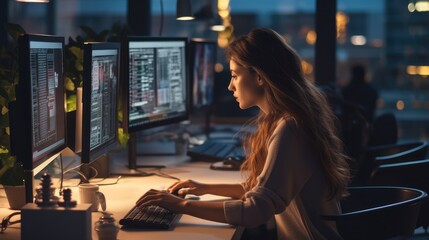 Poster - Female Software Engineer Writing Code on Desktop Computer in Office Space. Generative AI.