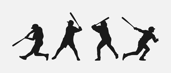 Wall Mural - set of silhouettes of baseball player swinging the bat with different pose, gesture. batter. isolated on white background. vector illustration.
