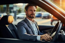 Car Driving Businessman Young Business Man Success Drive Travel Manager Traffic Luxury People Seat Automobile Road Wheel Vehicle Sale Belt Person Adult Light Smile 1 City Suit Corporate Indoor
