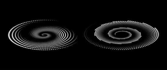 Poster - Linear and halftone speed spiral set. White dynamic dots and lines in perspective. Radial swirl elements for logo, print, poster, template, icon, banner. Round technology illustration. Vector pair