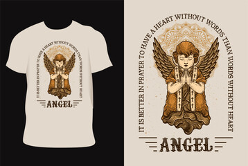 Wall Mural - Illustration hand drawn. Cupid angel praying engraving style on T shirt mockup