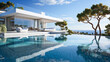Luxury modern house with a panoramic view, infinity pool, and stylish outdoor furniture on a sunny day. AI Generative