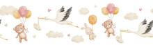 Cute Watercolor Border For Childish Textiles Or Fabrics With Flying Stork Holding Newborn, Bear And Bunny On Balloon In Clouds On White Background