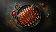 A top view of delicious barbecued ribs seasoned with a spicy basting sauce and served