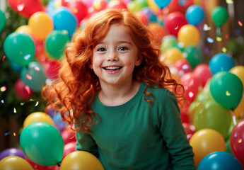 Wall Mural - portrait of a cute girl with curly red hair on a background of balloons.