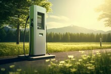 Charging Station For Electric Cars In The Green Field. The Concept Of Green Clean Energy 