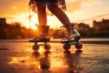 Childs Legs In Roller Boots Dancing At Sunset
