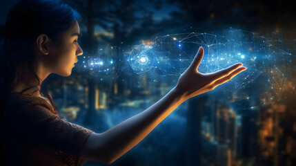 Woman hand touching The metaverse universe,Digital transformation conceptual for next generation technology era. generative AI.