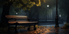 A Background Featuring An Empty Park Bench With Raindrops On The Seat And Surrounding Foliage.