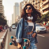 Indian young woman with a skateboard 