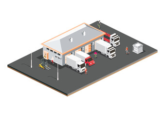 Wall Mural - Isometric Distribution Logistic Center. Warehouse Storage Facilities with Trucks Isolated on White Background. Loading Discharging Terminal.