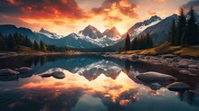 Sunset In The Mountains At Calm Lake That Creates